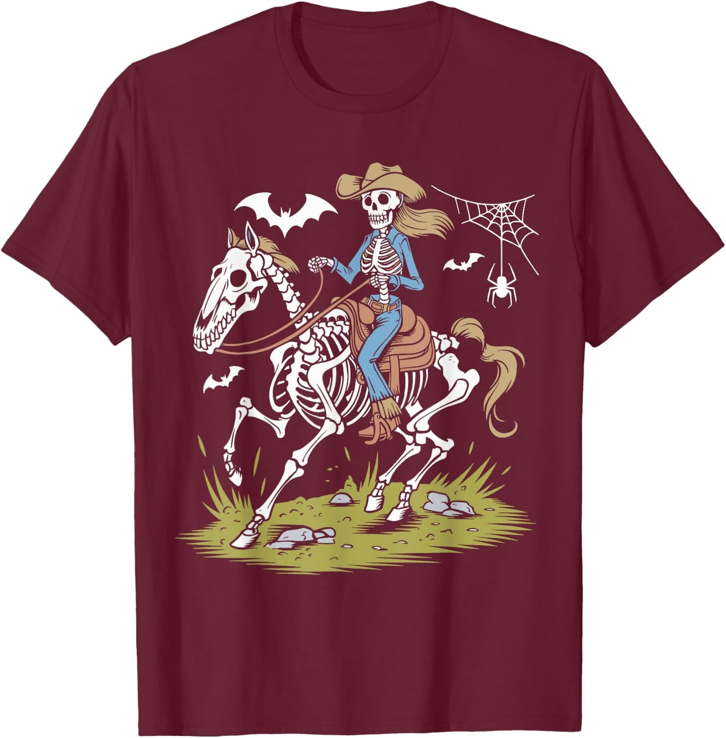 Funny Cowgirl Skeleton Riding Horse Spooky Halloween Western T-Shirt - T-Shirt | Maroon