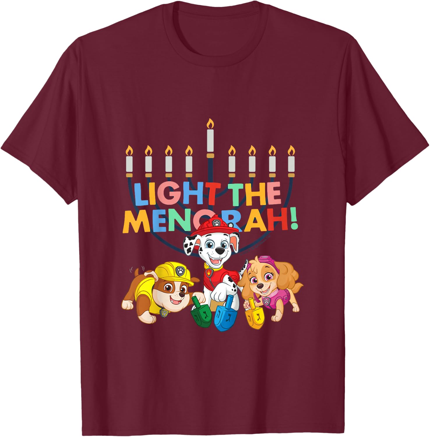 Kids PAW Patrol Hanukkah Light The Menorah! Vintage T-Shirt - T-Shirt | Maroon