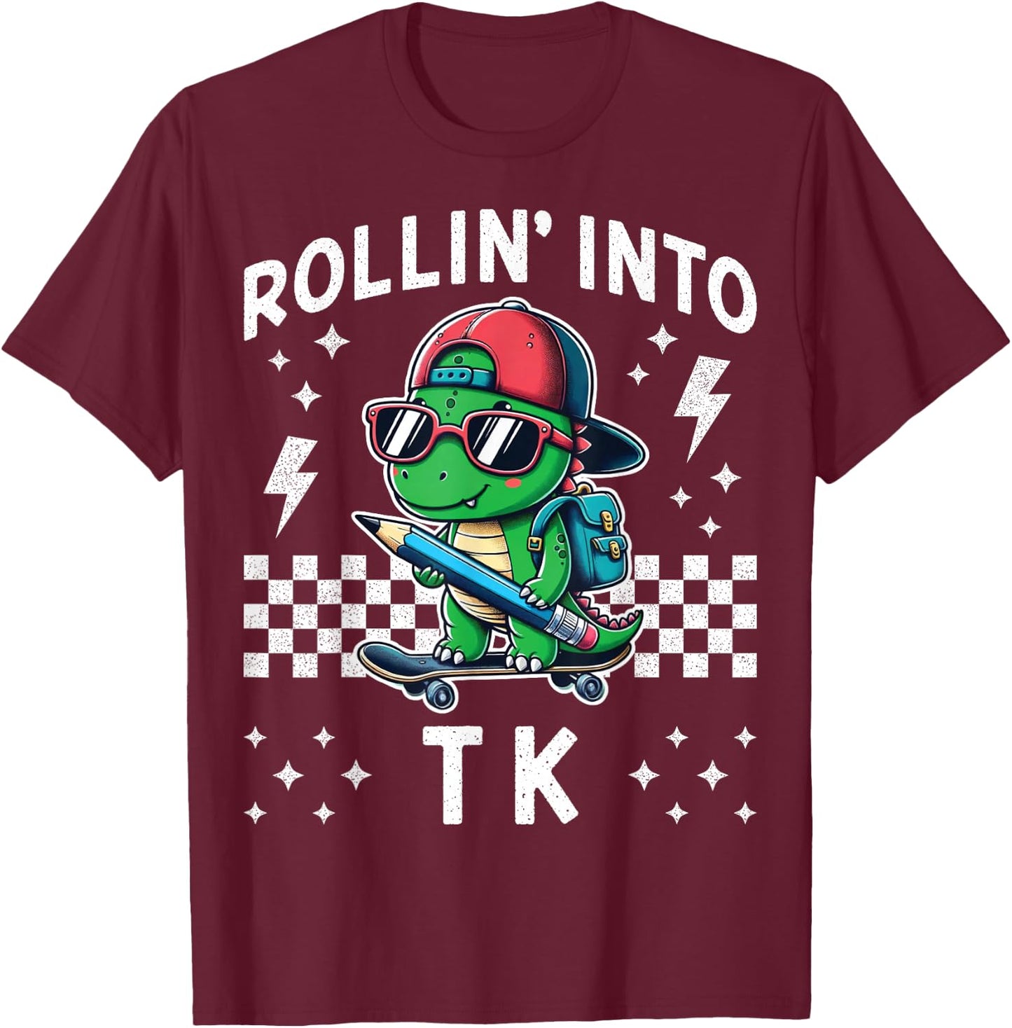 Rollin Into TK Dinosaur Skateboard Back to School Kid Funny T-Shirt - T-Shirt | Maroon