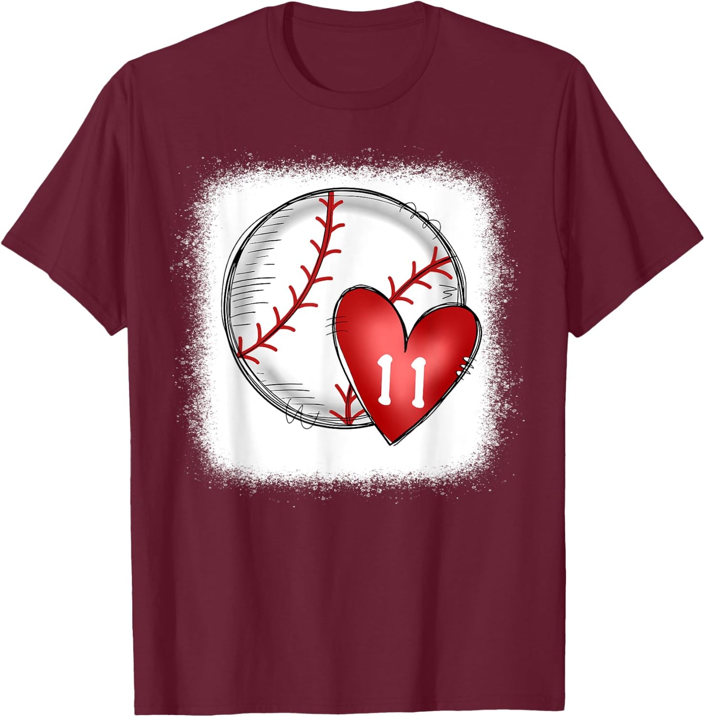 Bleached Custom Baseball Mom Number 11 Heart for Mom T-Shirt - T-Shirt | Maroon