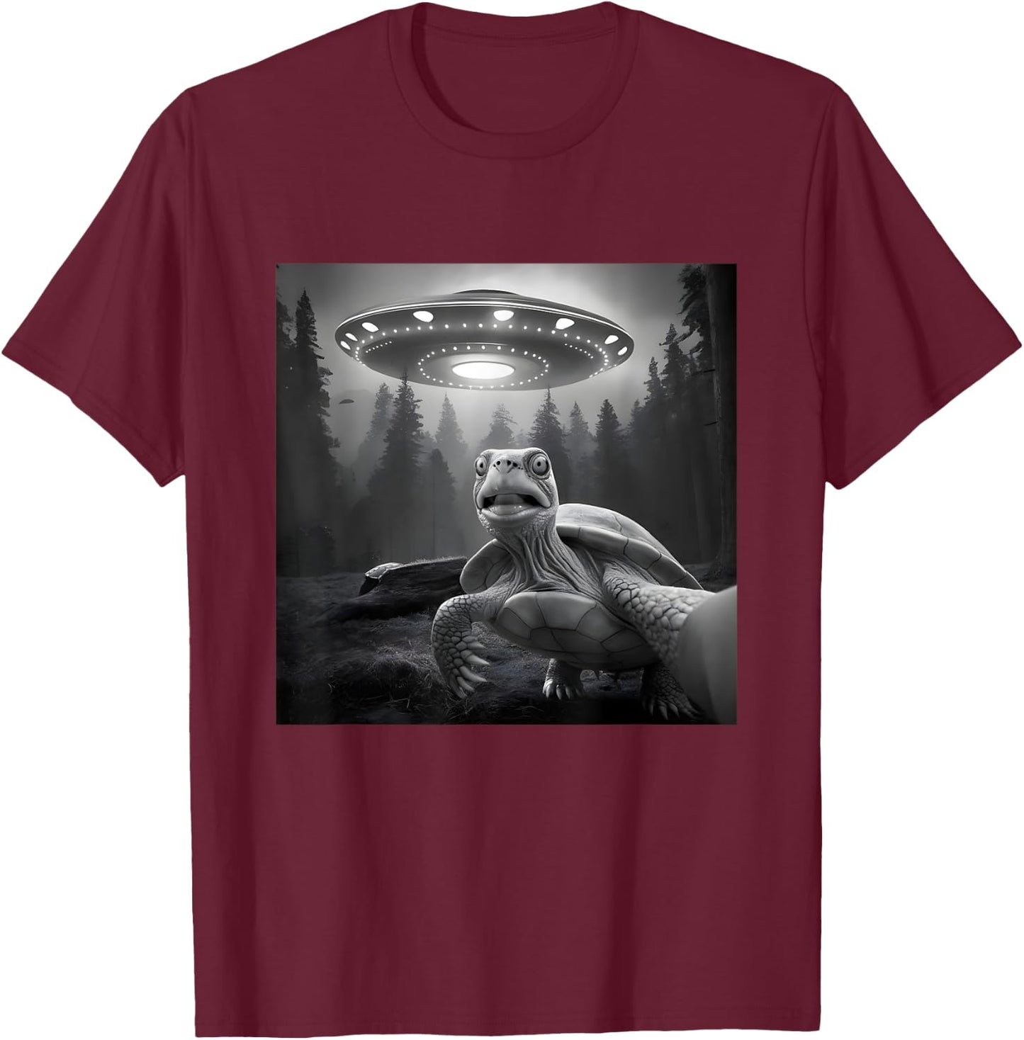 Turtle Selfie With UFO - Funny Tortoise Graphic Alien Lover T-Shirt - T-Shirt | Maroon