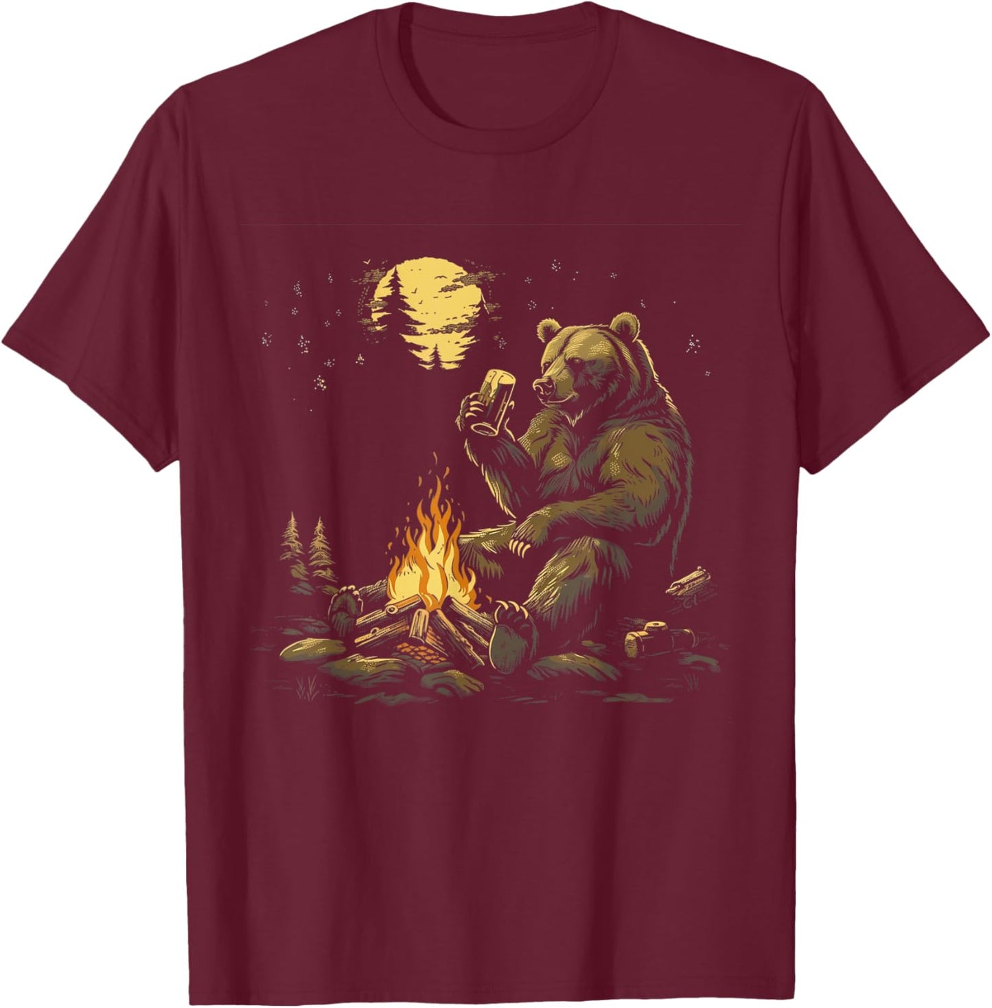 Camping Grizzly Bear Drinking Beer Hiking Nature Outdoor T-Shirt - T-Shirt | Maroon