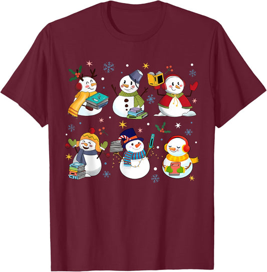 Snowman Reading Books Teacher Christmas Librarian Bookworm T-Shirt - T-Shirt | Maroon
