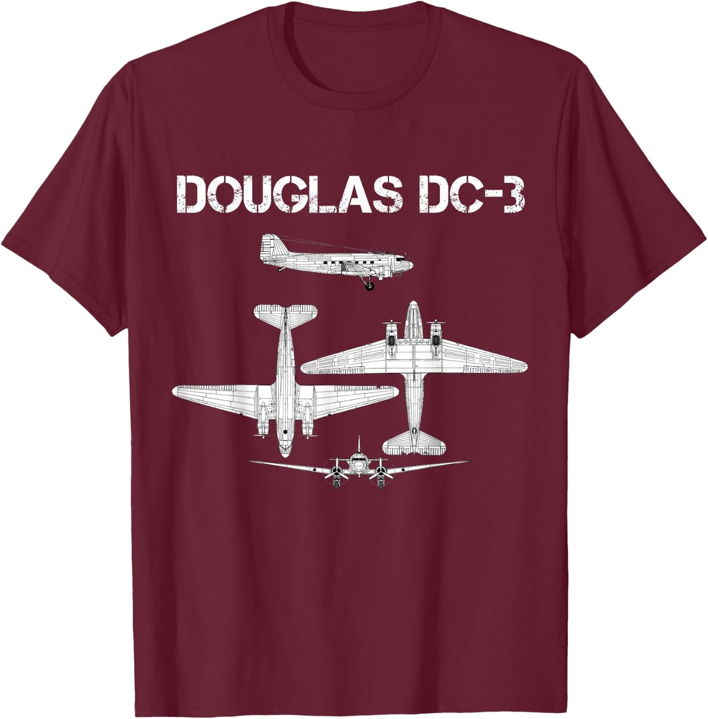 Douglas DC 3 WW2 Fighter Airplane Blueprint T-Shirt - T-Shirt | Maroon
