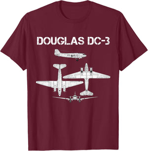 Douglas DC 3 WW2 Fighter Airplane Blueprint T-Shirt - T-Shirt | Maroon