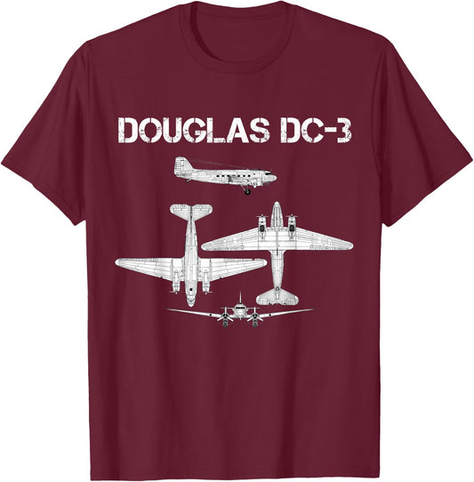 Douglas DC 3 WW2 Fighter Airplane Blueprint T-Shirt - T-Shirt | Maroon