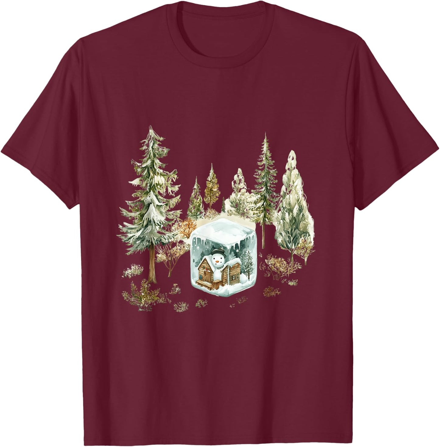Watercolor Snowman Winter Wonderland Christmas T-Shirt - T-Shirt | Maroon