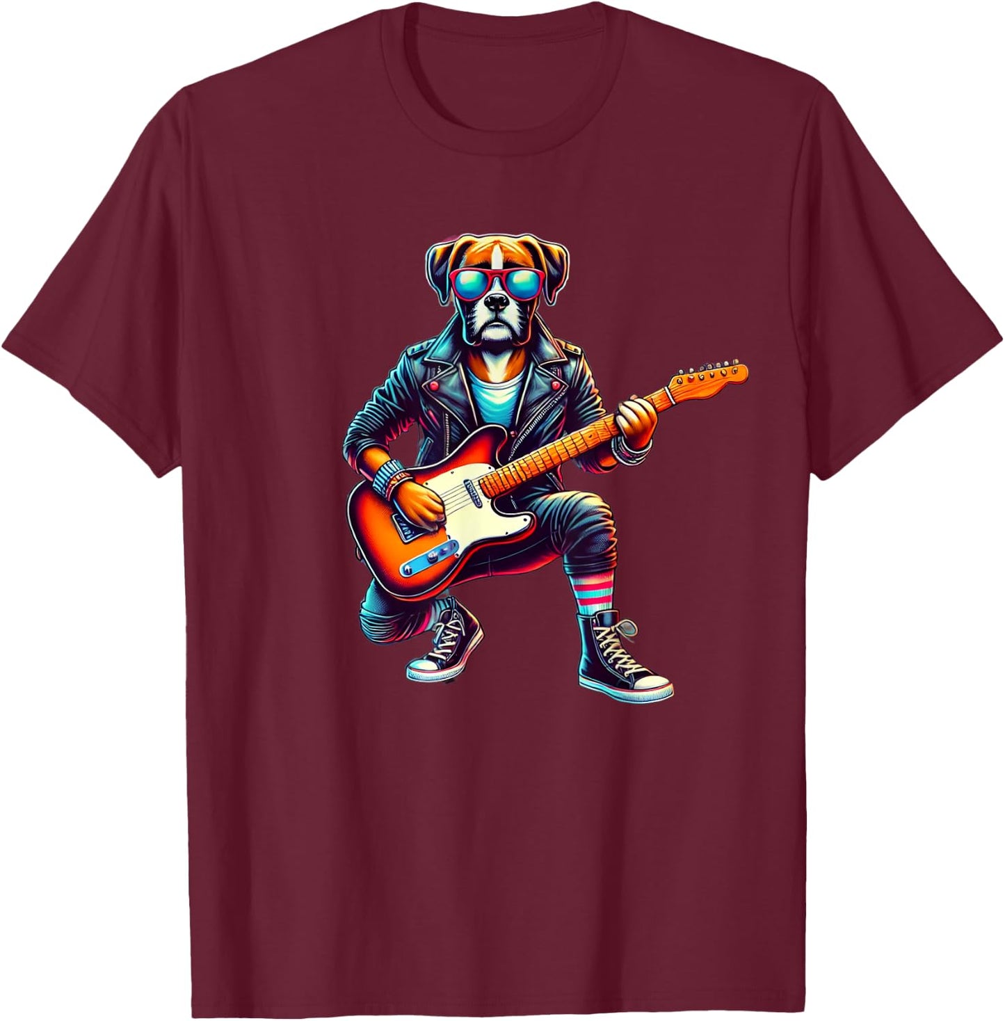 Boxer Electric Guitar Funny Dog Rock Band Musician Music Pet Women Kids T-Shirt - T-Shirt | Maroon