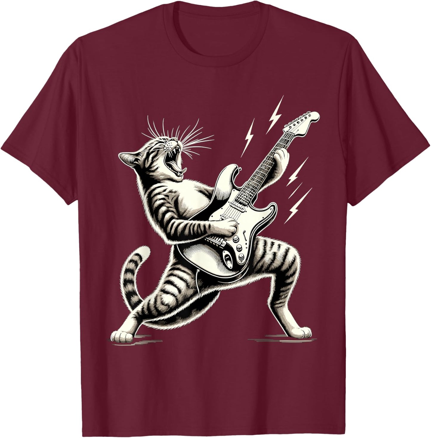 Rock and Roll Funny Cat playing Guitar T-Shirt - T-Shirt | Maroon