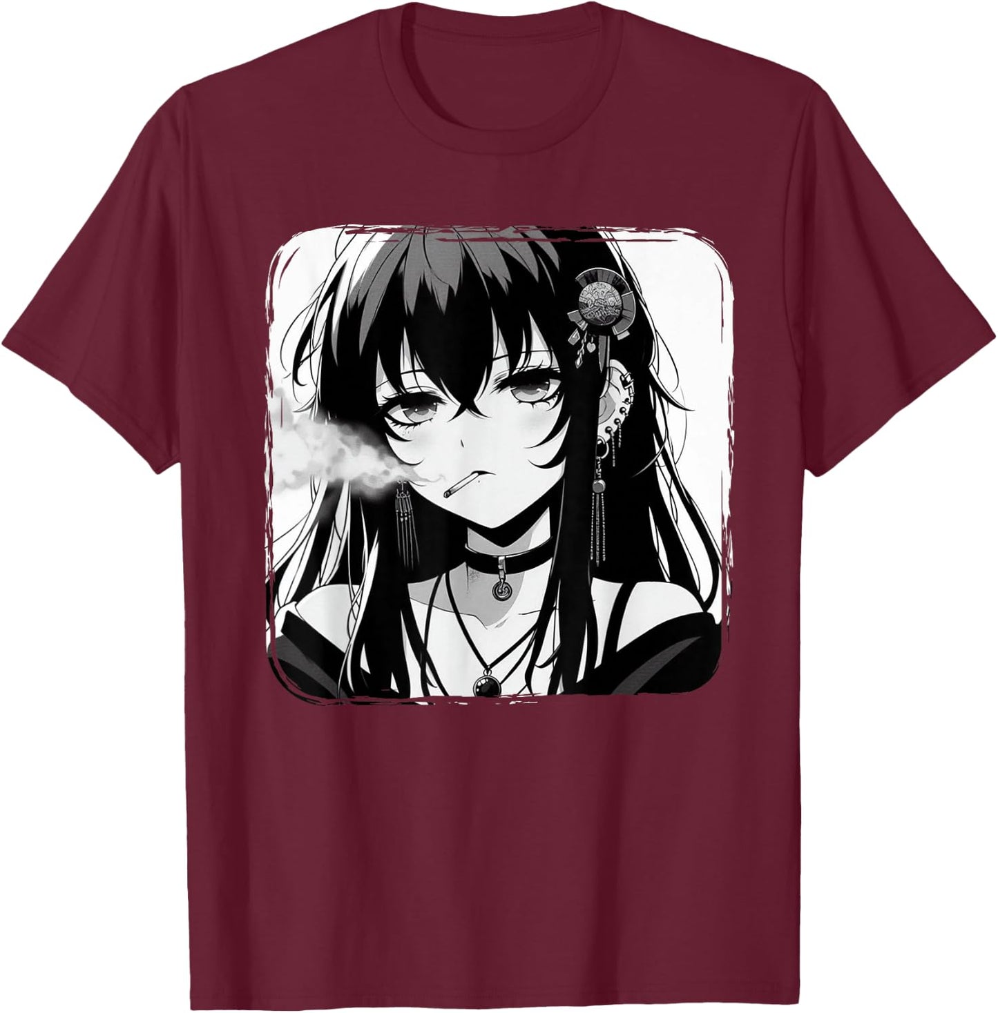 Anime Horror Girl Aesthetic Grunge Waifu Japanese Otaku T-Shirt - T-Shirt | Maroon