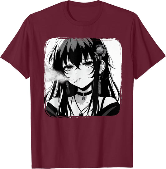 Anime Horror Girl Aesthetic Grunge Waifu Japanese Otaku T-Shirt - T-Shirt | Maroon