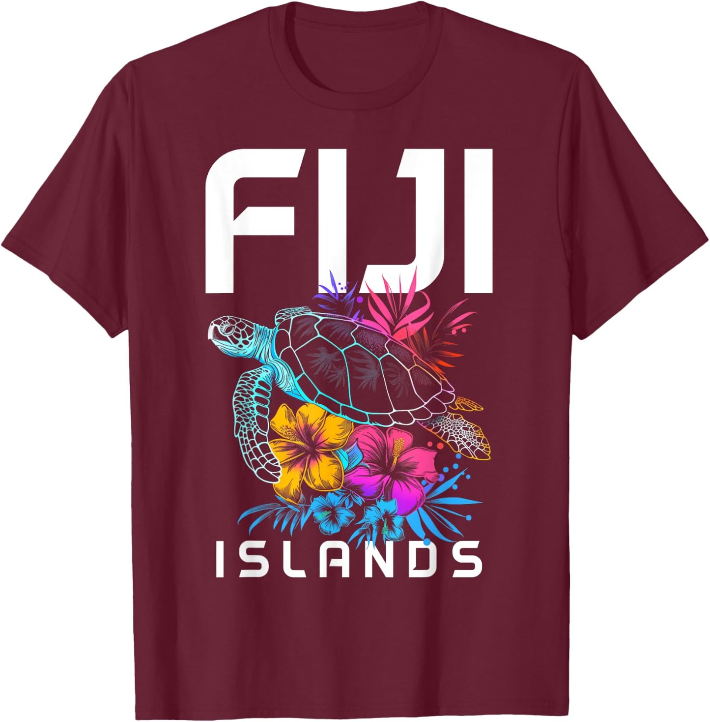 Fiji Islands Sea Turtle Flowers Scuba Diving Surfer Souvenir T-Shirt - T-Shirt | Maroon
