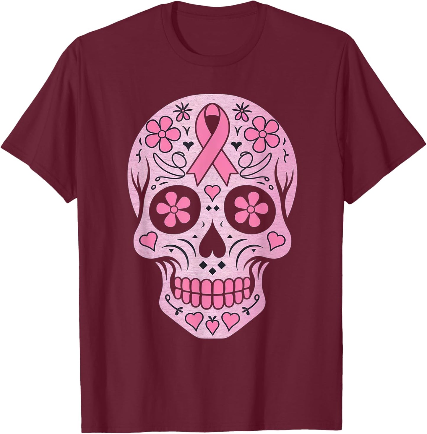 Sugar Skull Pink Ribbon Calavera Breast Cancer Awareness T-Shirt - T-Shirt | Maroon