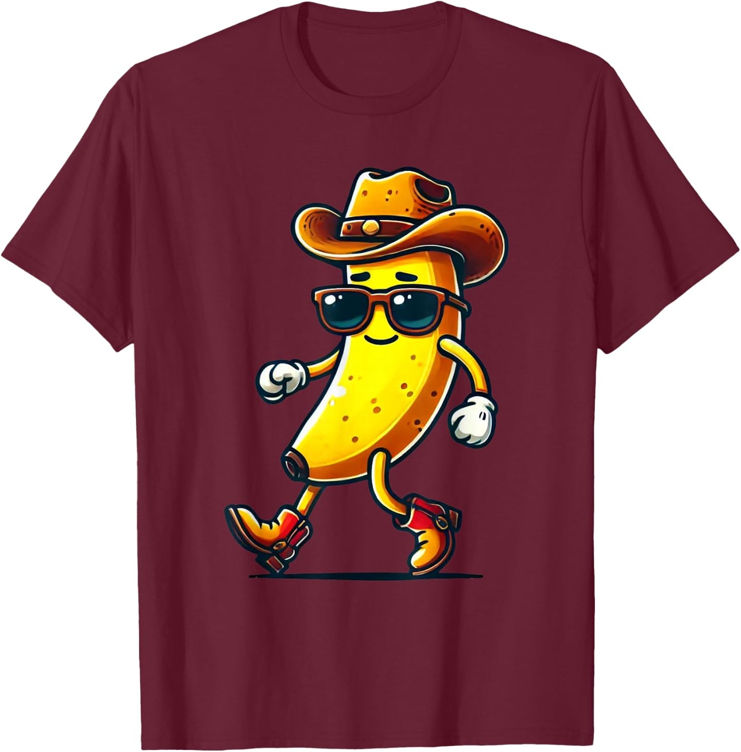Funny Banana Wearing Cowboy Hat Sunglasses Boots Western T-Shirt - T-Shirt | Maroon