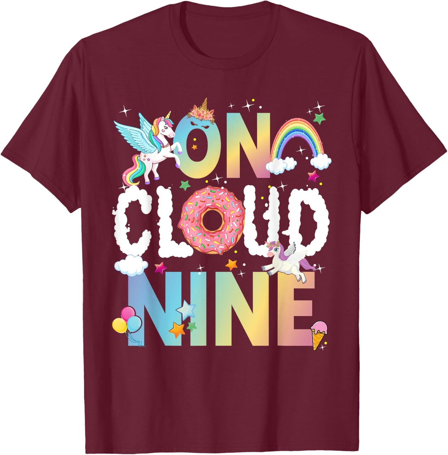 Retro On Cloud Nine Flower Happy 9th Birthday 9 Years Old T-Shirt - T-Shirt | Maroon
