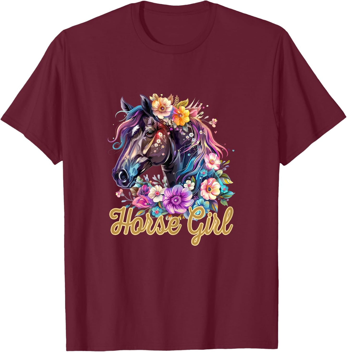 Horse Girl Flower Graphic T-Shirt - T-Shirt | Maroon