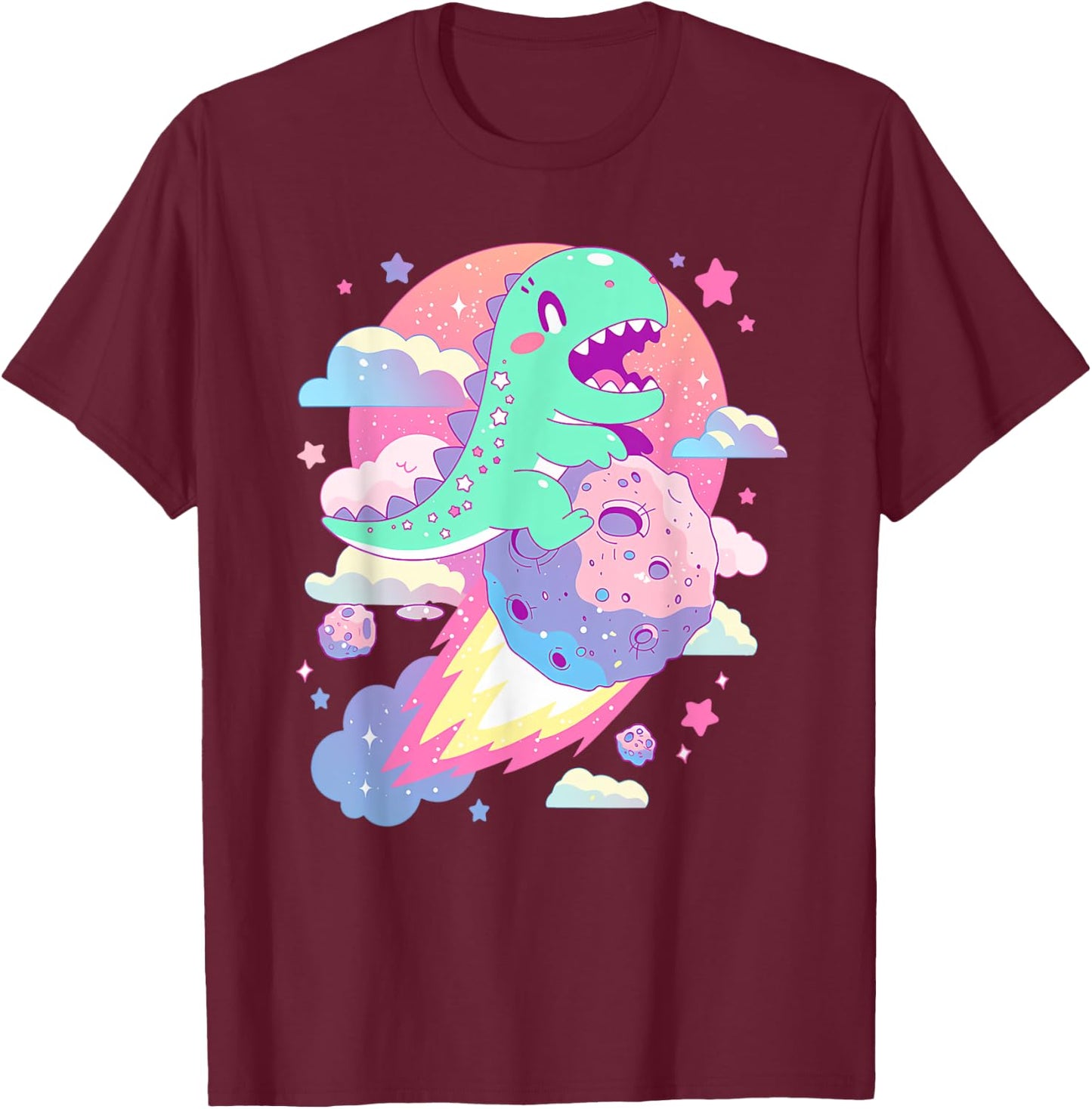 Kawaii Pastel Goth Creepy Cute Chibi Dinosaur on a Comet T-Shirt - T-Shirt | Maroon