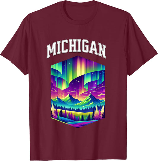 Michigan Aurora Borealis Northern Lights Vacation Souvenir T-Shirt - T-Shirt | Maroon