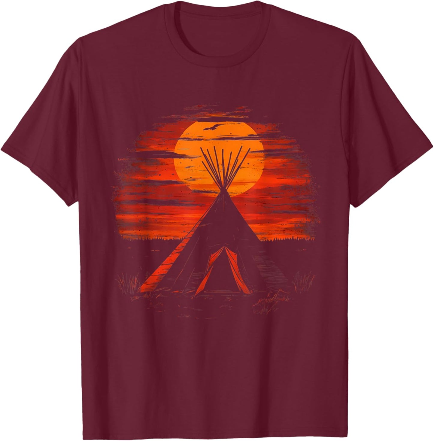 Native American Tipi Tent Indian Tribe Landscape Sunset T-Shirt - T-Shirt | Maroon