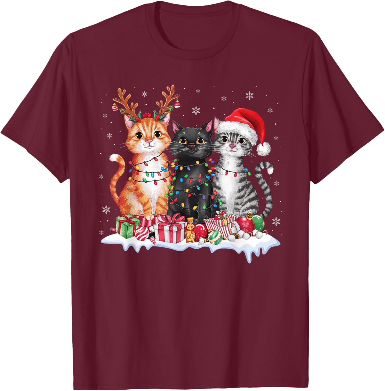 Santa Cat Christmas Light Gorgeous Reindeer Pajama Cat Lover T-Shirt - T-Shirt | Maroon