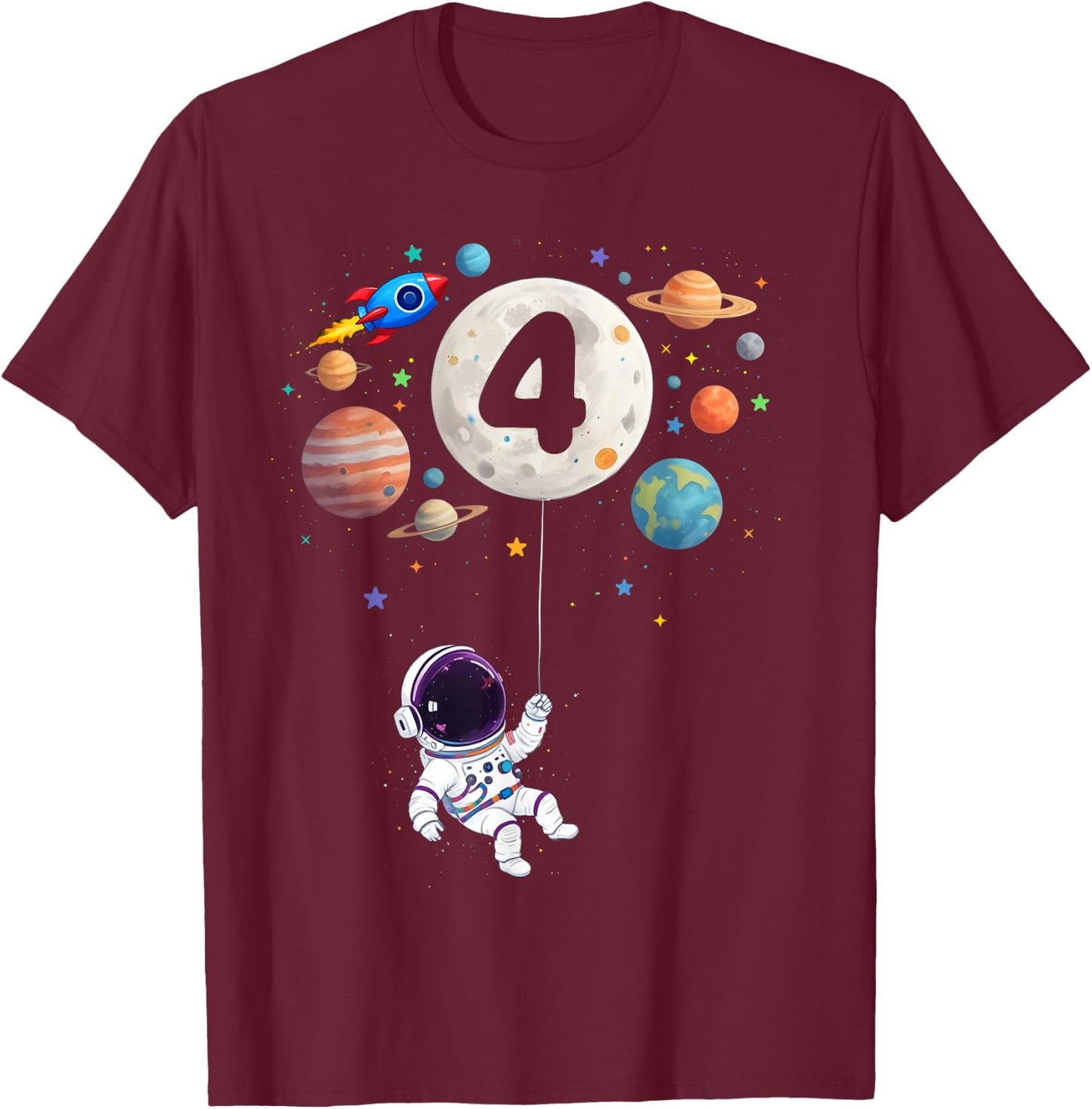 4 Years Old Birthday Space Planets Astronaut 4th Birthday T-Shirt - T-Shirt | Maroon
