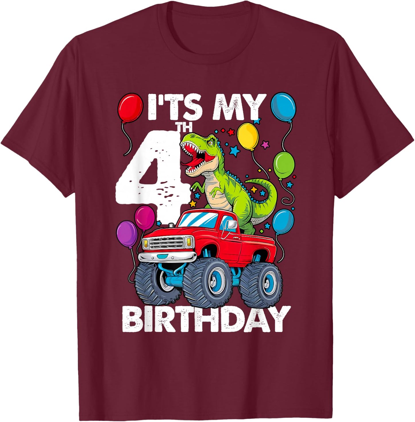 It's My 4th Birthday Dinosaur Monster Truck T-Shirt - T-Shirt | Maroon