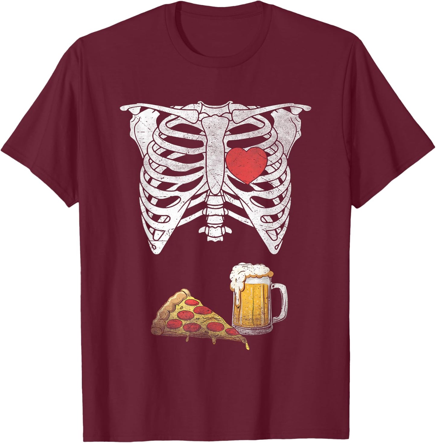 Dad Skeleton Halloween Beer Pizza Funny Pregnancy Couple Men T-Shirt - T-Shirt | Maroon
