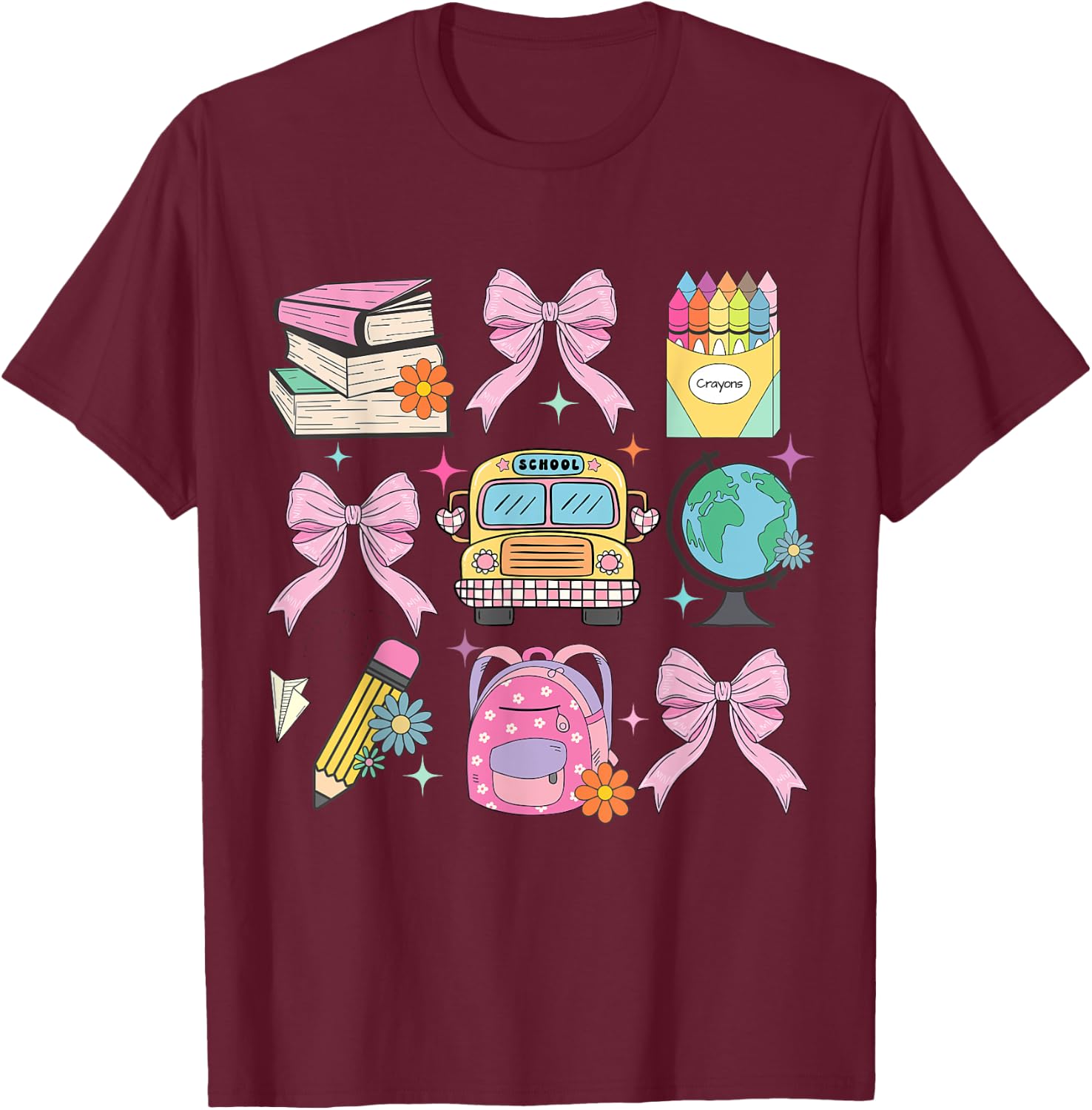 Coquette Bow Student Teacher Happy First Day Back To School Men Women Girls Kids T-Shirt - T-Shirt | Maroon