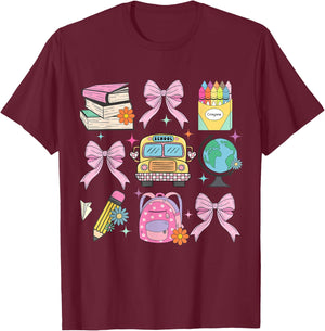Coquette Bow Student Teacher Happy First Day Back To School Men Women Girls Kids T-Shirt - T-Shirt | Maroon