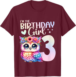 3rd Birthday Owl 3 Years Old Three years 3 Birthday Girl T-Shirt - T-Shirt | Maroon