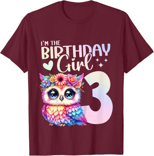 3rd Birthday Owl 3 Years Old Three years 3 Birthday Girl T-Shirt - T-Shirt | Maroon