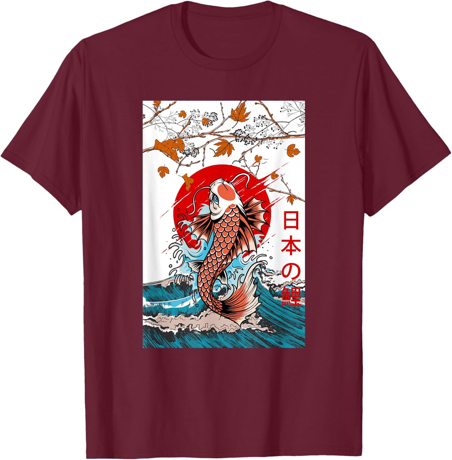 Great Wave off Kanagawa Japanese Blossom Koi Fish Japan T-Shirt - T-Shirt | Maroon