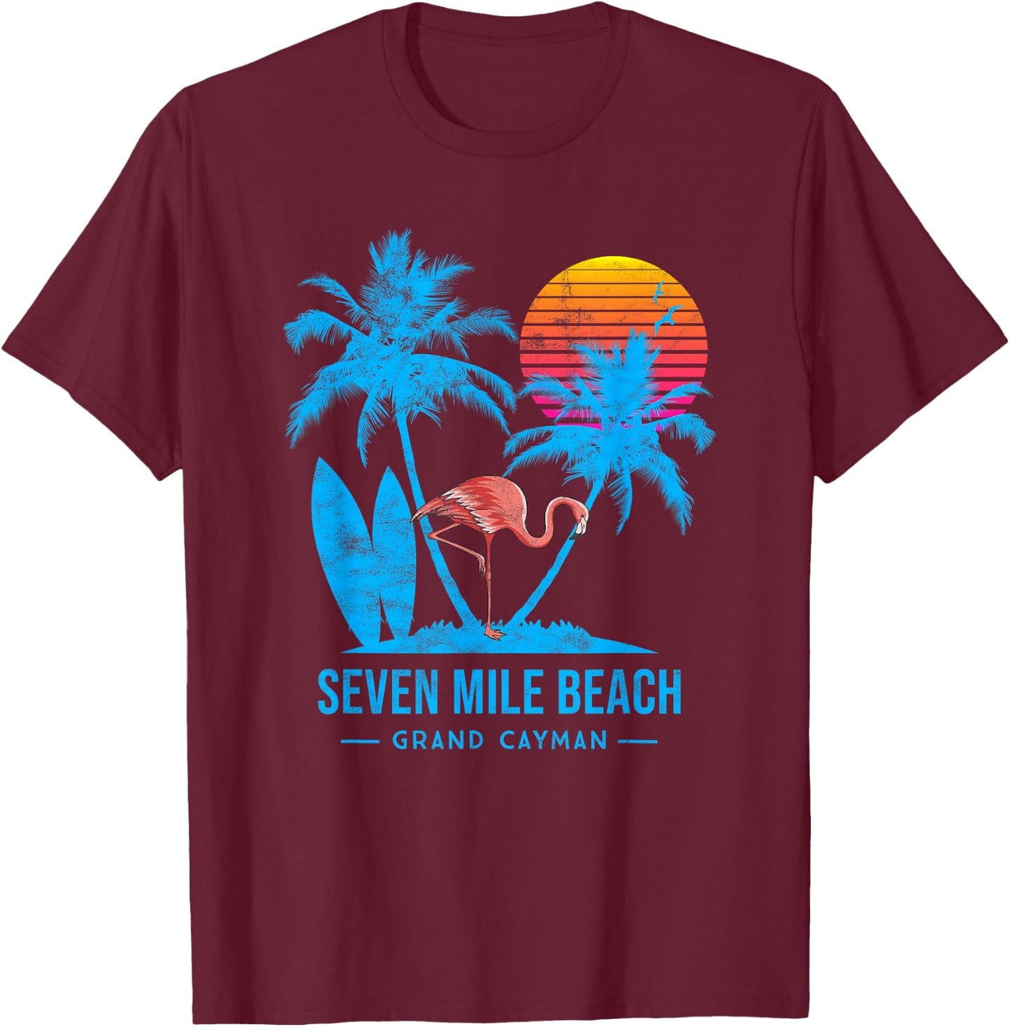 Seven mile beach, Grand Cayman. Palm trees sunset T-Shirt - T-Shirt | Maroon