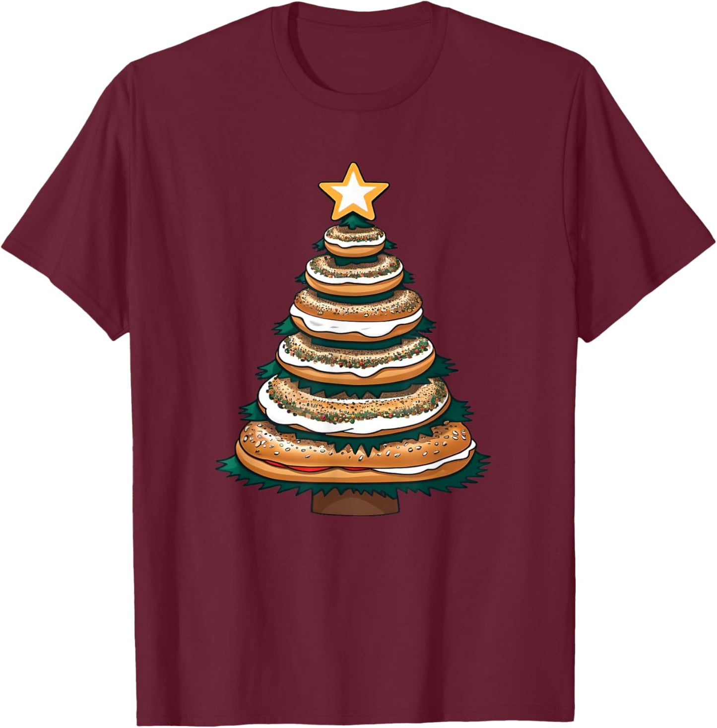 X-mas Breakfast Pastry and Baked Treat -Adults and Kids Blue Small Modern Christmas Everything Bagel with Cream Cheese Christmas Tree T-Shirt - T-Shirt | Maroon