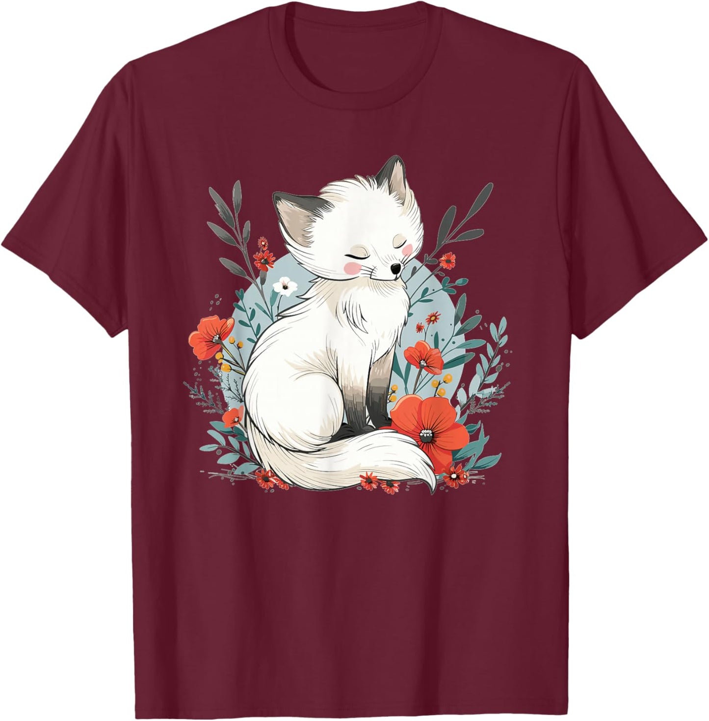 Cute Polar Fox with Flowers I Children's Arctic Fox T-Shirt - T-Shirt | Maroon