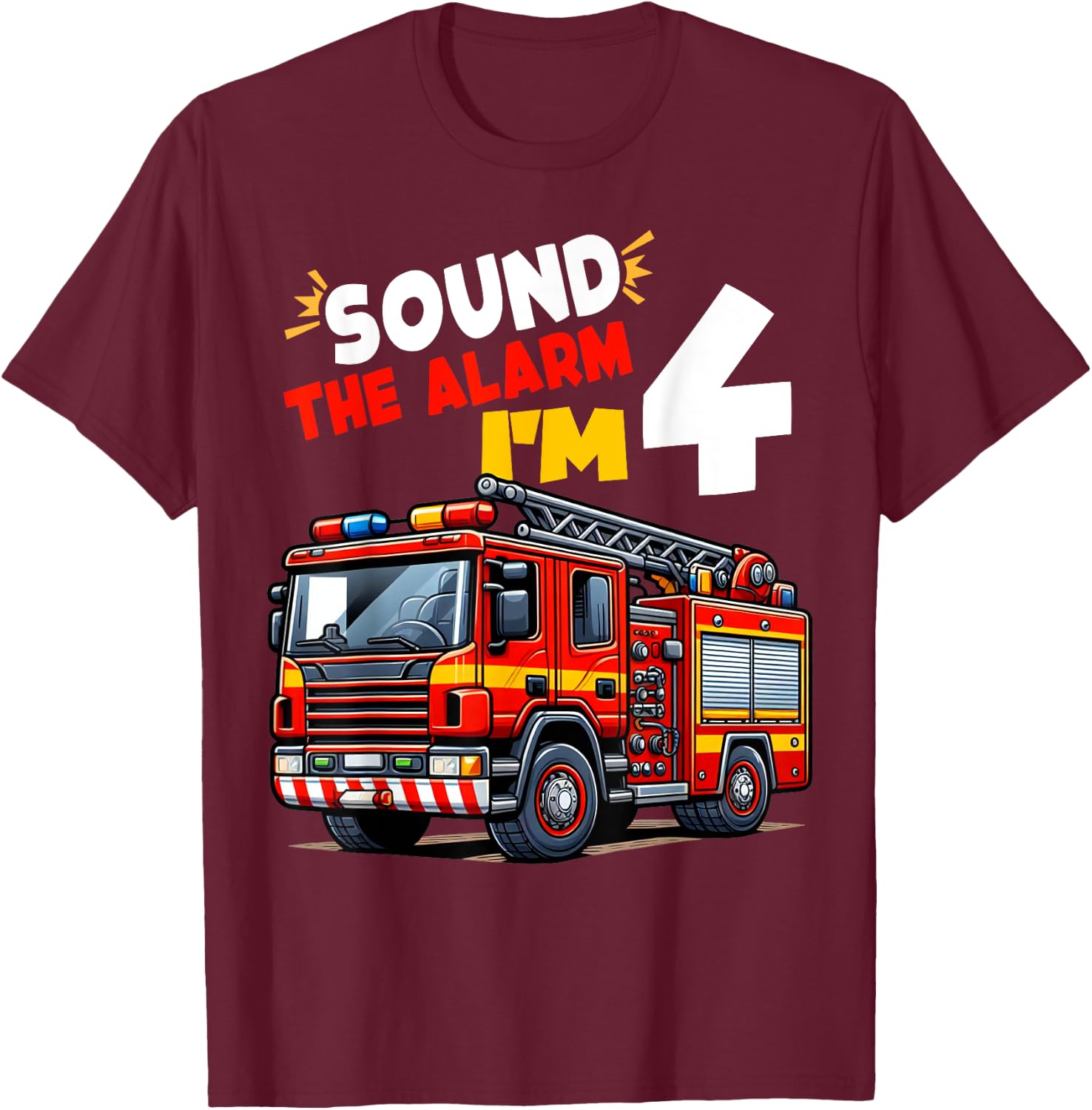 Kids Fire Truck Firefighter Boy 4th Birthday 4 Years Old T-Shirt - T-Shirt | Maroon