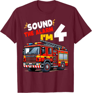 Kids Fire Truck Firefighter Boy 4th Birthday 4 Years Old T-Shirt - T-Shirt | Maroon