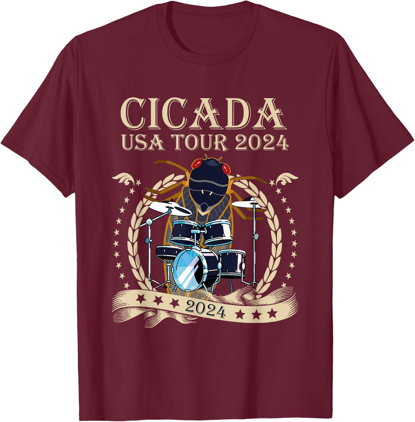 Cicada USA Tour 2024 Funny Band Drummer Entomology Insect T-Shirt - T-Shirt | Maroon