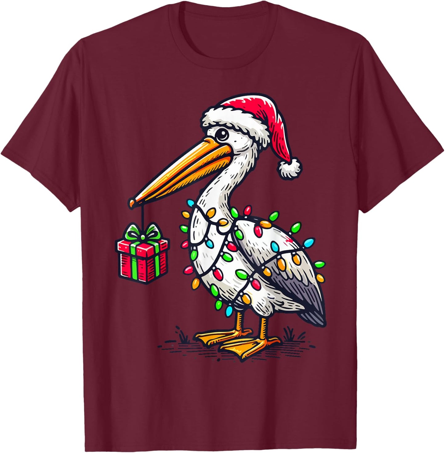 Pelican Bird Wearing Santa Hat, Holding A Present Box Xmas T-Shirt - T-Shirt | Maroon
