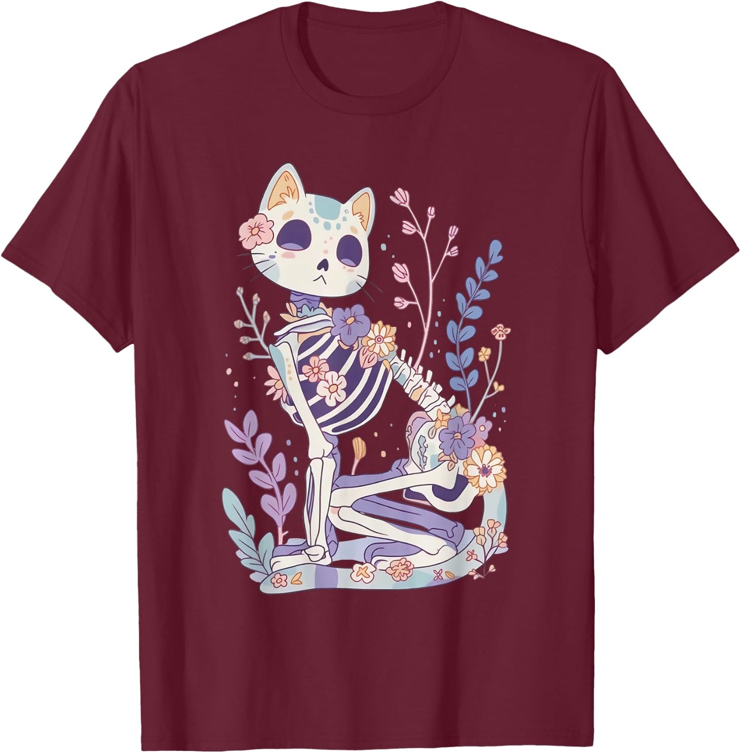 Kawaii Pastel Floral Goth Cute Creepy Cat Skeleton T-Shirt - T-Shirt | Maroon