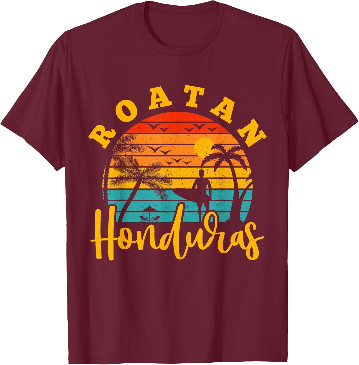Roatan Honduras Surfing Surf Surfer Retro T-Shirt - T-Shirt | Maroon