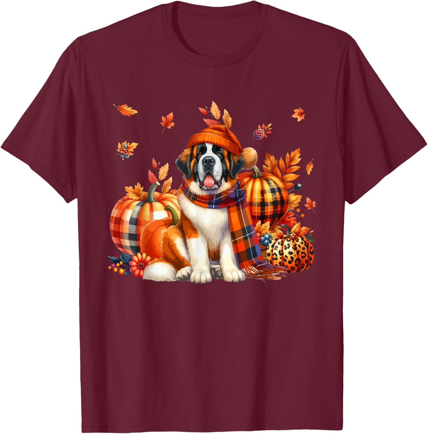 St. Bernard Thanksgiving Leopard Pumpkins Fall Leaves Lover T-Shirt - T-Shirt | Maroon