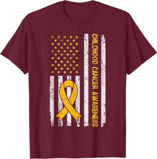 Childhood Cancer Awareness Month Gold Ribbon American Flag T-Shirt - T-Shirt | Maroon