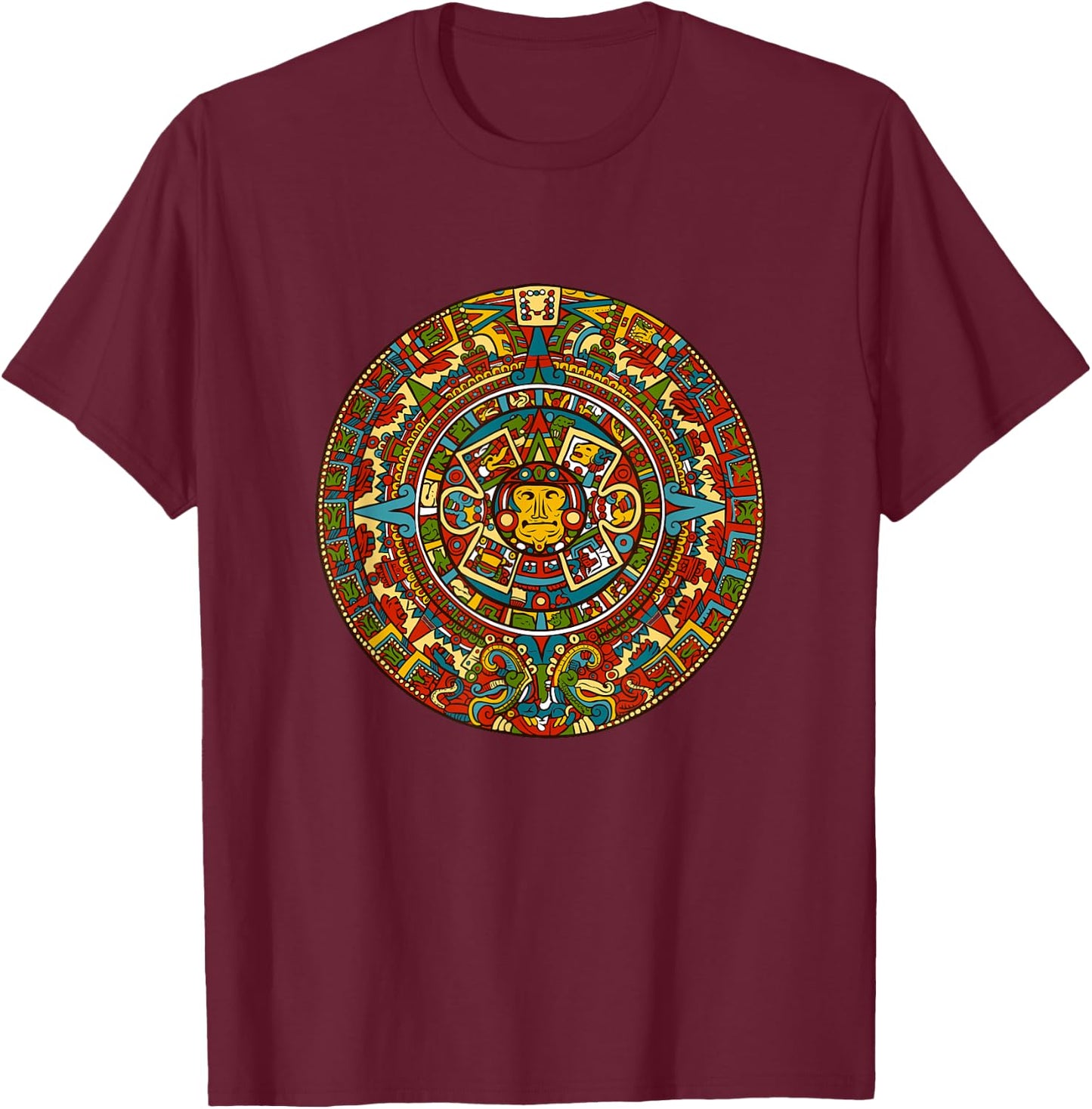 Aztec , Mexico Calendar Pattern Style Sun Design T-Shirt - T-Shirt | Maroon