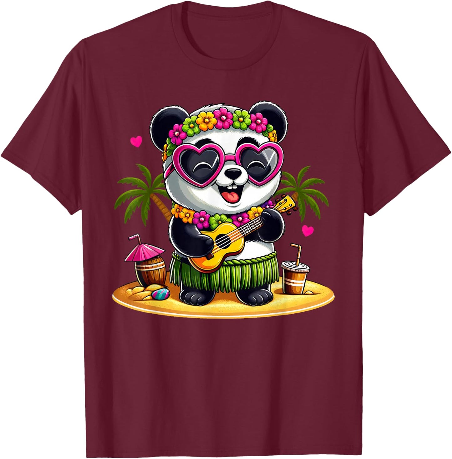 Funny Panda Hawaiian Costume Kids Summer Vacation Panda T-Shirt - T-Shirt | Maroon