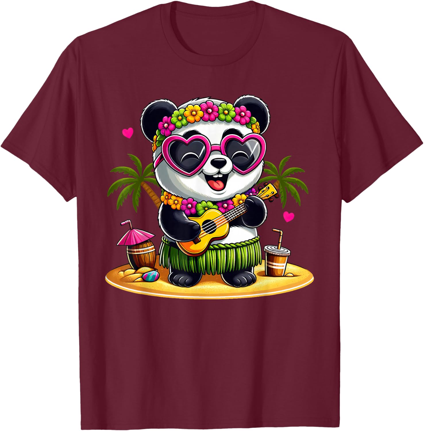 Funny Panda Hawaiian Costume Kids Summer Vacation Panda T-Shirt - T-Shirt | Maroon