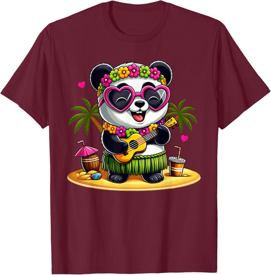 Funny Panda Hawaiian Costume Kids Summer Vacation Panda T-Shirt - T-Shirt | Maroon