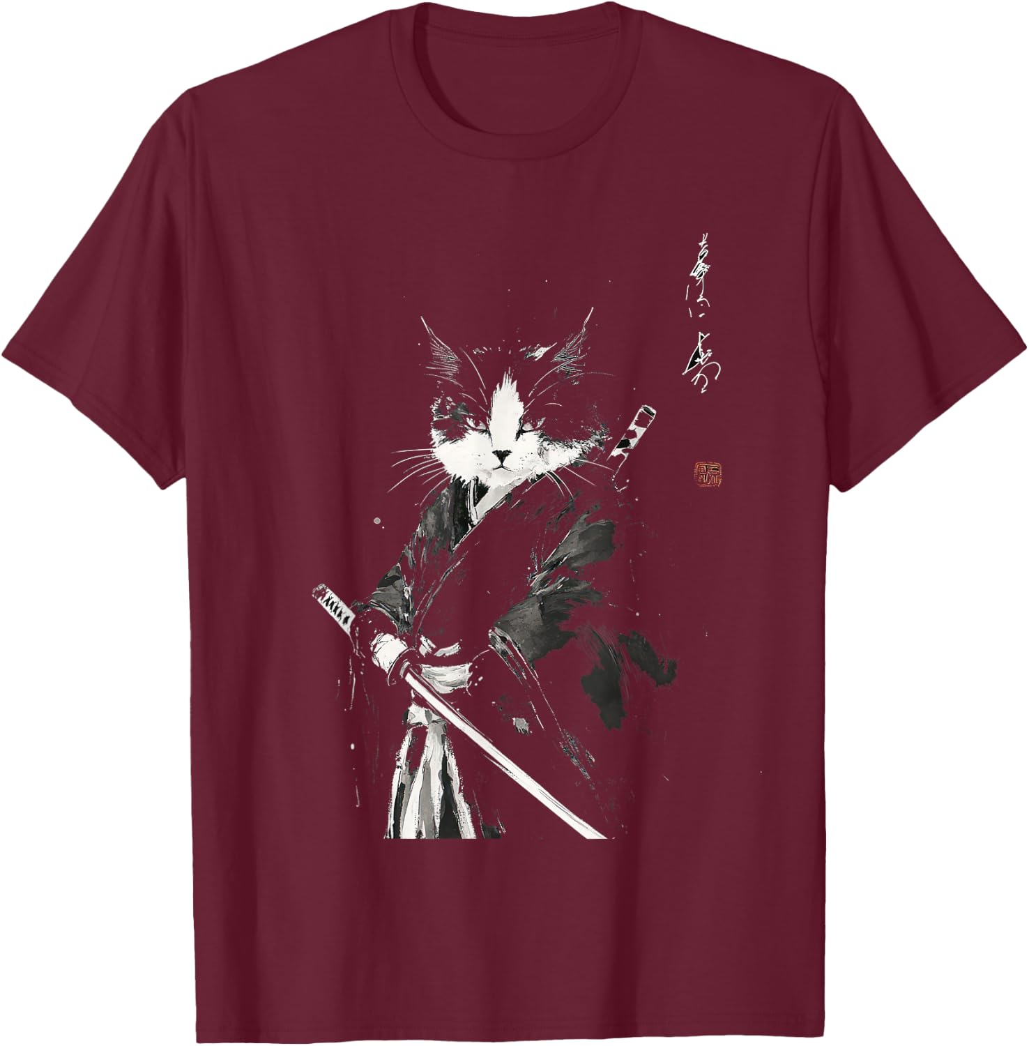 Vintage Samurai Cat Graphic Art Japanese Ukiyo-e T-Shirt - T-Shirt | Maroon