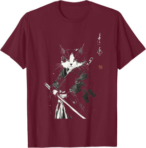 Vintage Samurai Cat Graphic Art Japanese Ukiyo-e T-Shirt - T-Shirt | Maroon