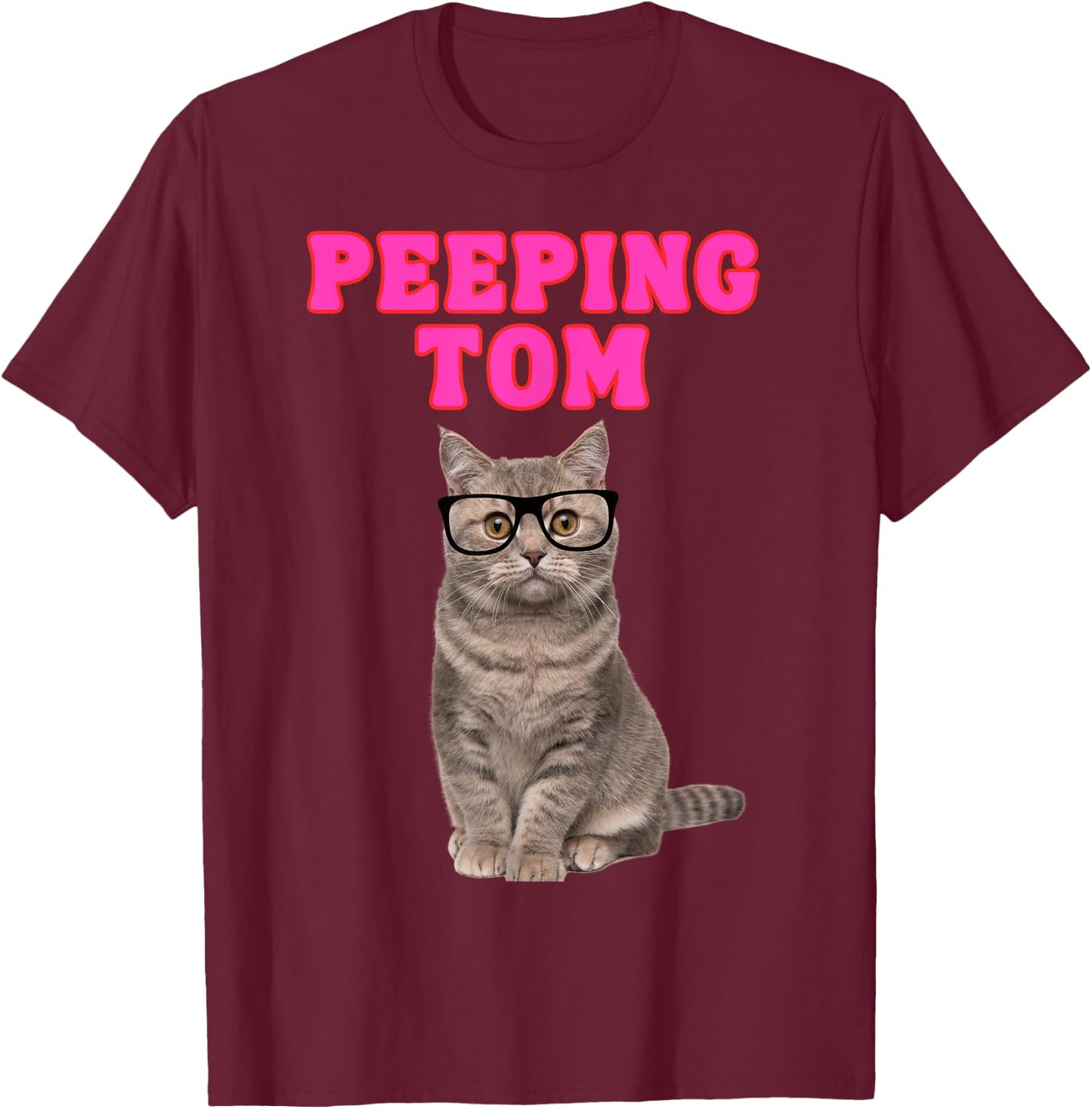 Peeping Tom Cat with Spectacles T-Shirt - T-Shirt | Maroon